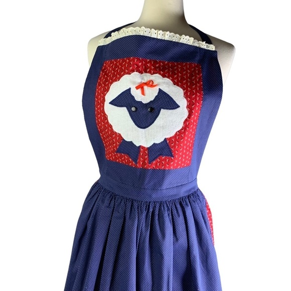 Vintage 90’s Handmade White Fuzzy Sheep Bib Apron Red Gingham Check Ruffle Med. - Picture 2 of 8